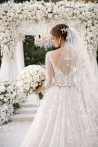 Elegant bride with white floral bouquet