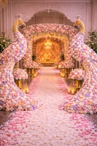 Majestic floral peacock entrance decor